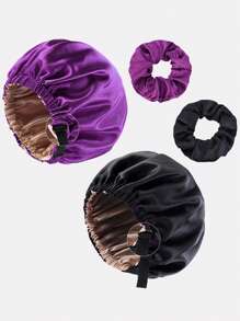 4pcs Plus Size Women's Adjustable Double Layer Satin Sleep Cap, Beauty Care Shower Cap, Suitable For Daily Use - Multicolor - View 3