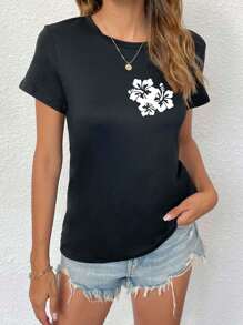 女士夏季短袖休闲海滩花卉印花超大 T 恤，MEET ME 1962 AT THE OCEAN SURF CITY 图案 T 恤女式上衣 - 黑色 - 查看 3