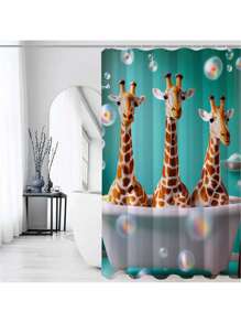 1 Peça Cortina de Chuveiro Cartoon Girafa e Banho de Bolha, Design de Papel de Parede Tropical com Patinhos Amarelos, Decoração Divertida para Banheiro, Inclui 12 Ganchos De Volta às Aulas