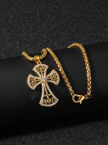 1 Pieza de collar con colgante de cruz de estilo retro de metal estilo con incrustaciones de cobre y circonita, collar de cruz de estilo hip-hop con rhinestones, adecuado para fiestas cristianas y uso diario