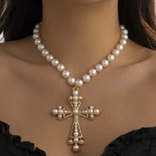 1 Stück vintage elegante Perlenkette mit Kreuzanhänger für Frauen, geeignet für Feiertage, Geburtstage, Dates, Bälle, Partys, Urlaub, Lässig ausflüge und Pendeln