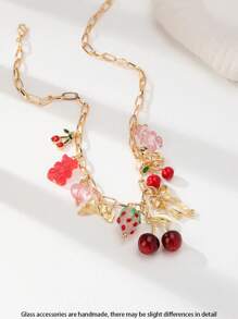 1pc Cherry Charm Necklace, Bow Strawberry Pendant Necklaces, Bohemian Jewelry (Handmade, Color And Shape May Vary Slightly) - Multicolor - View 4