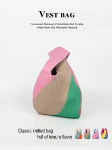 1 件女士纯色镂空针织可折叠轻便手提包/腕包，适合休闲、度假、上学、通勤、所有季节 - 卡其色 - 查看 2