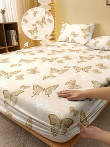 1pc Minimalist Modern Butterfly Print Brushed Fitted Sheet, Bedroom Printed Bed Cover, Mattress Cover, Mattress Protector, Bedding Set (Excluding Pillowcase)