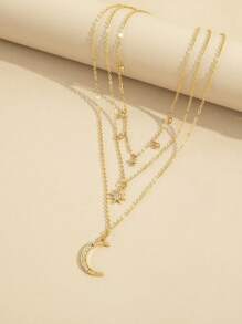 Hegaze 1pc 3-Layer Star & Moon Pendant Beaded Tassel Necklace For Women - Yellow Gold - View 2