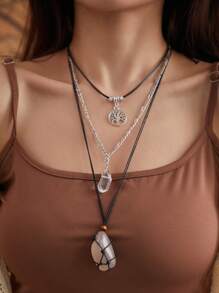 3pcs/Set Vintage Boho & Hippie Style Asymmetrical Crystal, Turquoise And Metal Tree Pendant Necklace Set, Charming Jewelry Decoration For Women Daily And Vacation Outfits (Crystal And Turquoise Pendant Shape, Size, Color Are Random) - Multicolor - View 2