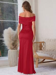 WOWDARK 夏季连衣裙，红色情人节套装，时尚优雅露肩纯色褶皱高开衩派对连衣裙，适合女士，可用于情人节、约会、聚会、派对、旅行、度假、海滩等场合。 - 紅色 - 查看 3