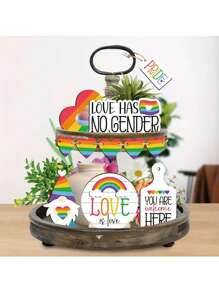 12 piezas Decoración para bandeja de varios niveles del Mes del Orgullo LGBTQ+, letreros de madera con arcoíris "El amor gana", "El amor no tiene género" para decoración del hogar y cocina, suministros para fiesta del Orgullo LGBTQ+ (sin bandeja)