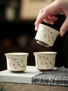 1/2 件陶瓷紫藤花卉图案茶杯，中式复古广口下午茶杯，优雅高脚米色茶碗，适合客人、主人、品茶、日常家居、办公室、茶馆、纪念品、商务礼品、年会礼物返校 - 彩色 - 查看 2