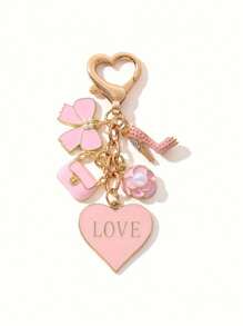 1pc Pink Mini Bag Charm Keychain - Cute Round Metal Heart Theme Keyring, Decorated With Delicate Flower And Heart Patterns, Sold Individually - Pink - View 8