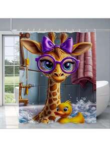 1 Peça Cortina de Chuveiro Cartoon Girafa e Banho de Bolha, Design de Papel de Parede Tropical com Patinhos Amarelos, Decoração Divertida para Banheiro, Inclui 12 Ganchos De Volta às Aulas