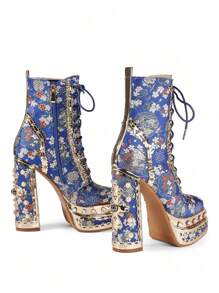 Waterproof Platform Thick Heel Elegant Faux Pearl & Rhinestone Decor Fashion Ankle Boots