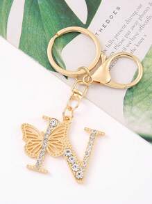 1pc Unisex A-Z Letters Rhinestone Decor Butterfly Style Matching Elegant English Alphabet Keychain - Gold - View 17