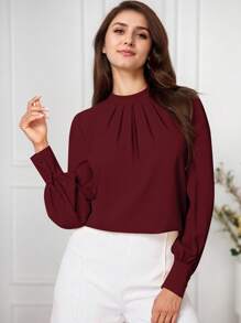 hoteel Women's Pleated Solid Long Sleeve Shirt Office Shirt Top - 酒紅色 - 查看 1