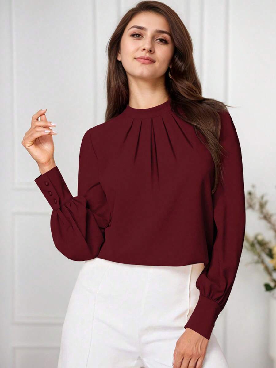 hoteel Women's Pleated Solid Long Sleeve Shirt Office Shirt Top - 酒紅色 - 查看 1