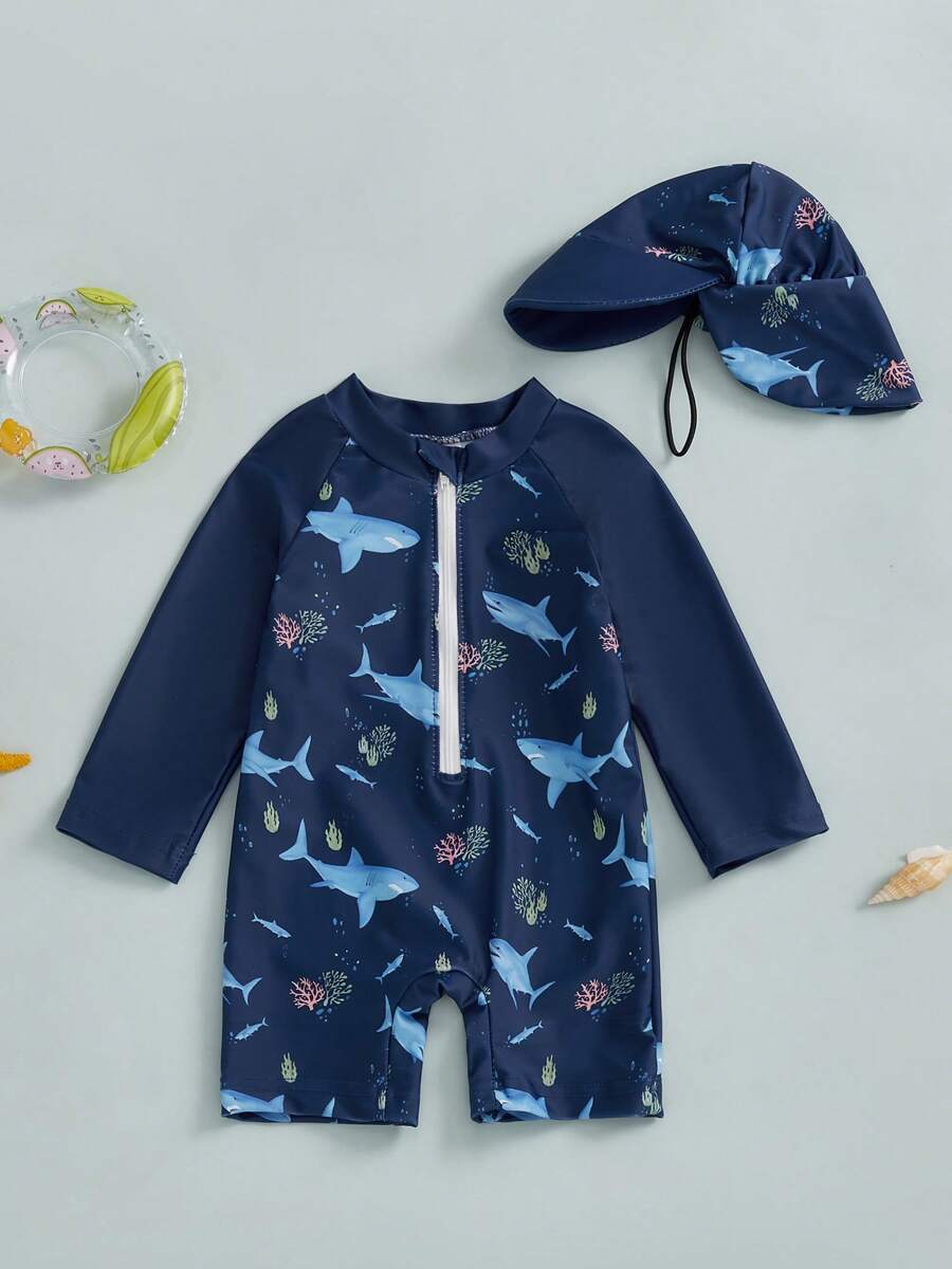 Conjunto de 2 piezas de traje de baño para niño pequeño: Traje de baño tipo escudo antirrasguños con estampado de tiburón de manga larga y media cremallera, talla grande sombrero para el sol - Azul - Ver 1