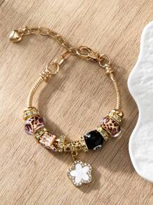 1pc Fashionable Rhinestone Beaded Pendants Bracelet, Includes Bowknot, 5-Petal Flower, Star, Football, Cross Charms, For Girls - Multicolor - View 2