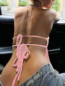 Women's Plain Backless Ruched Casual Tank Top For Summer - Baby Pink - View 2