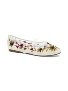 Bailarinas de moda con tiras ajustables, bordado floral y malla para mujer - Blanco - Ver 2