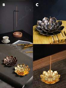 Porta-incenso de metal com flor de lótus e suporte minimalista de madeira, adequado para incensos em bastão e cone, cinzeiro e porta-velas multifuncionais, decoração de aromaterapia interna para meditação, ioga, casa, adequado para Natal, Halloween, Páscoa