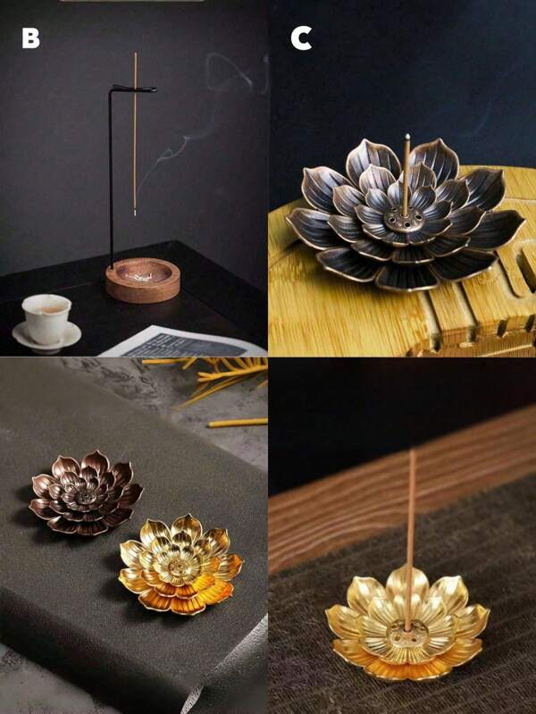 Porta-incenso de metal com flor de lótus e suporte minimalista de madeira, adequado para incensos em bastão e cone, cinzeiro e porta-velas multifuncionais, decoração de aromaterapia interna para meditação, ioga, casa, adequado para Natal, Halloween, Páscoa