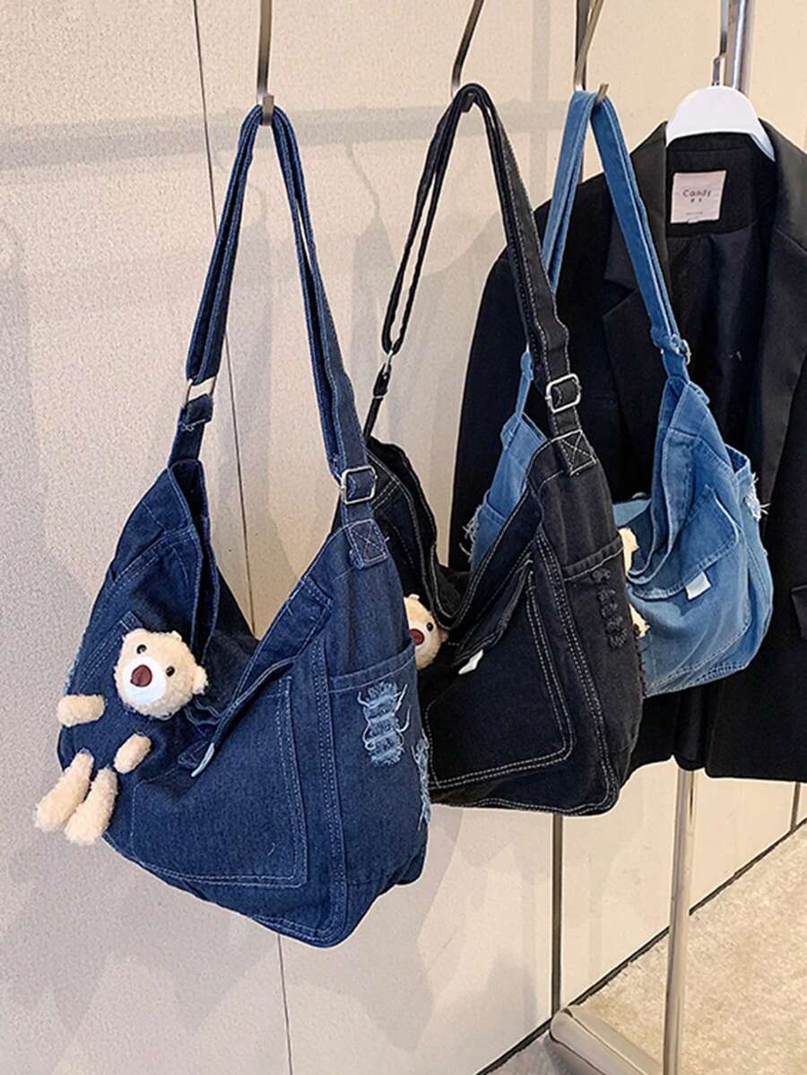 1pc新款大容量牛仔斜挎包女时尚港风ins百搭手提包隐形拉链开合个性磨砂设计多层口袋复古文艺风牛仔包休闲百搭通勤上学逛街都适用 - 彩色 - 查看 1