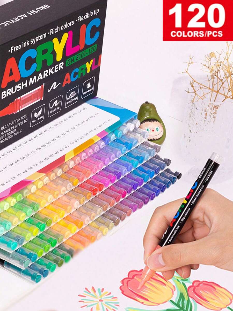 120 Colors Set Acrylic Paint Pens Pencil Brush Markers Pen, No Pressing Professional Rock Painting Stone Art Supplies Drawing