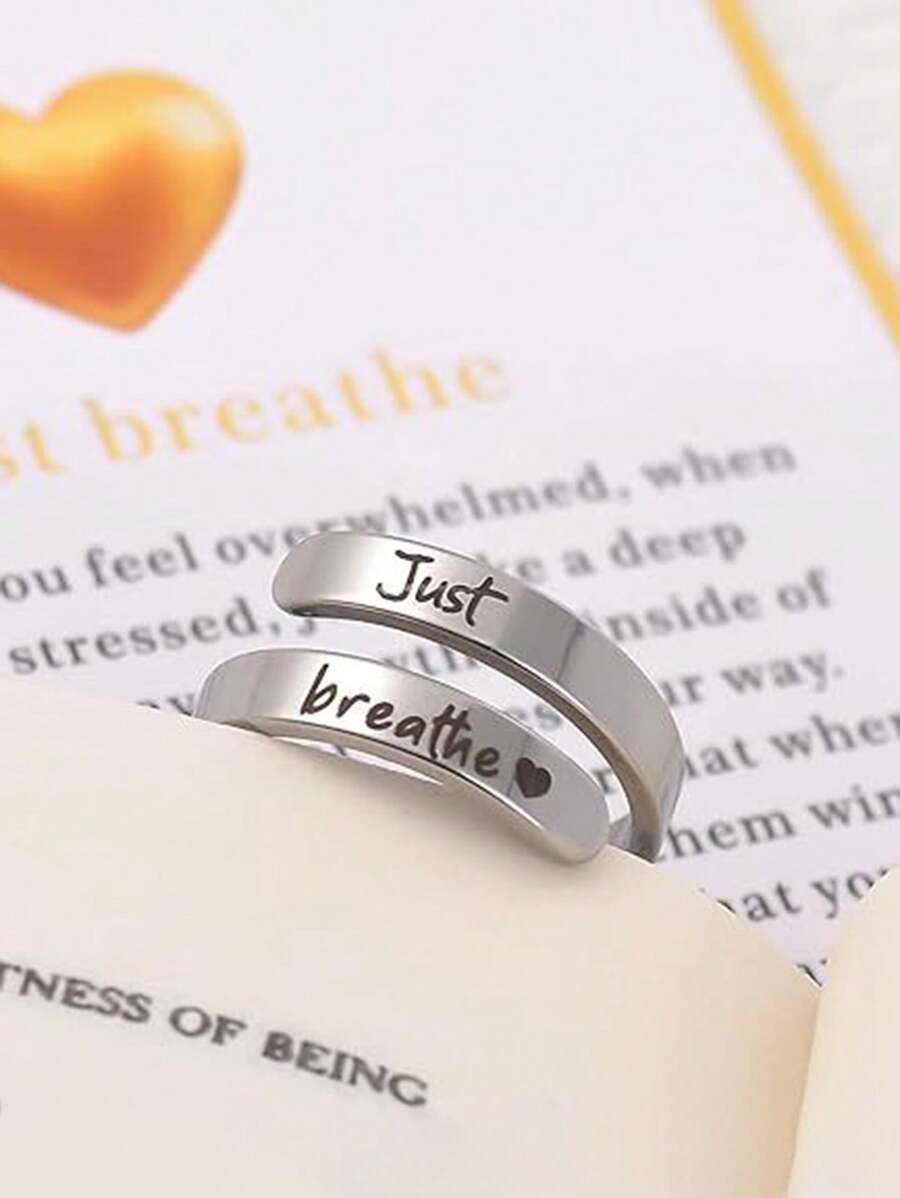 1pc Stainless Steel Just Breathe Letter Open Ring, Engraved ...