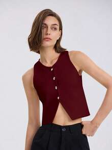 Women's Solid Color Sleeveless Front Button Casual Blouse - Red - View 4
