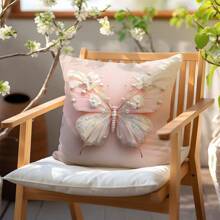 1pc Faux 3D Butterfly & Floral Pearl Decorative Pillow Cover, Single-Sided Soft Peach Velvet Fabric, 45*45/50*50/40*40CM Cushion Cover For Indoor Decor, Party, Gift