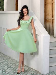 Women Elegant Solid Color Ruffle Trim Sleeveless Evening Gown, Party Dress, Wedding Guest Dress, Prom Dress - Mint Green - View 6