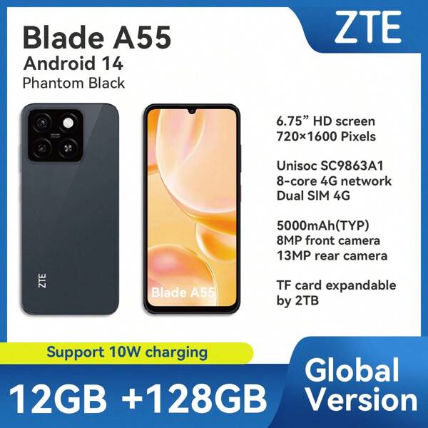 ZTE ZTE, Smartphone, Blade A55 Phantom Black, Desbloqueado, Android 14, (4 GB RAM + 8 GB Fusion) + 128 GB ROM, Bateria de 5000 mAh, Dual SLM 4G, O plugue é padrão europeu, NFC é suportado, 4G LTE, Versão global