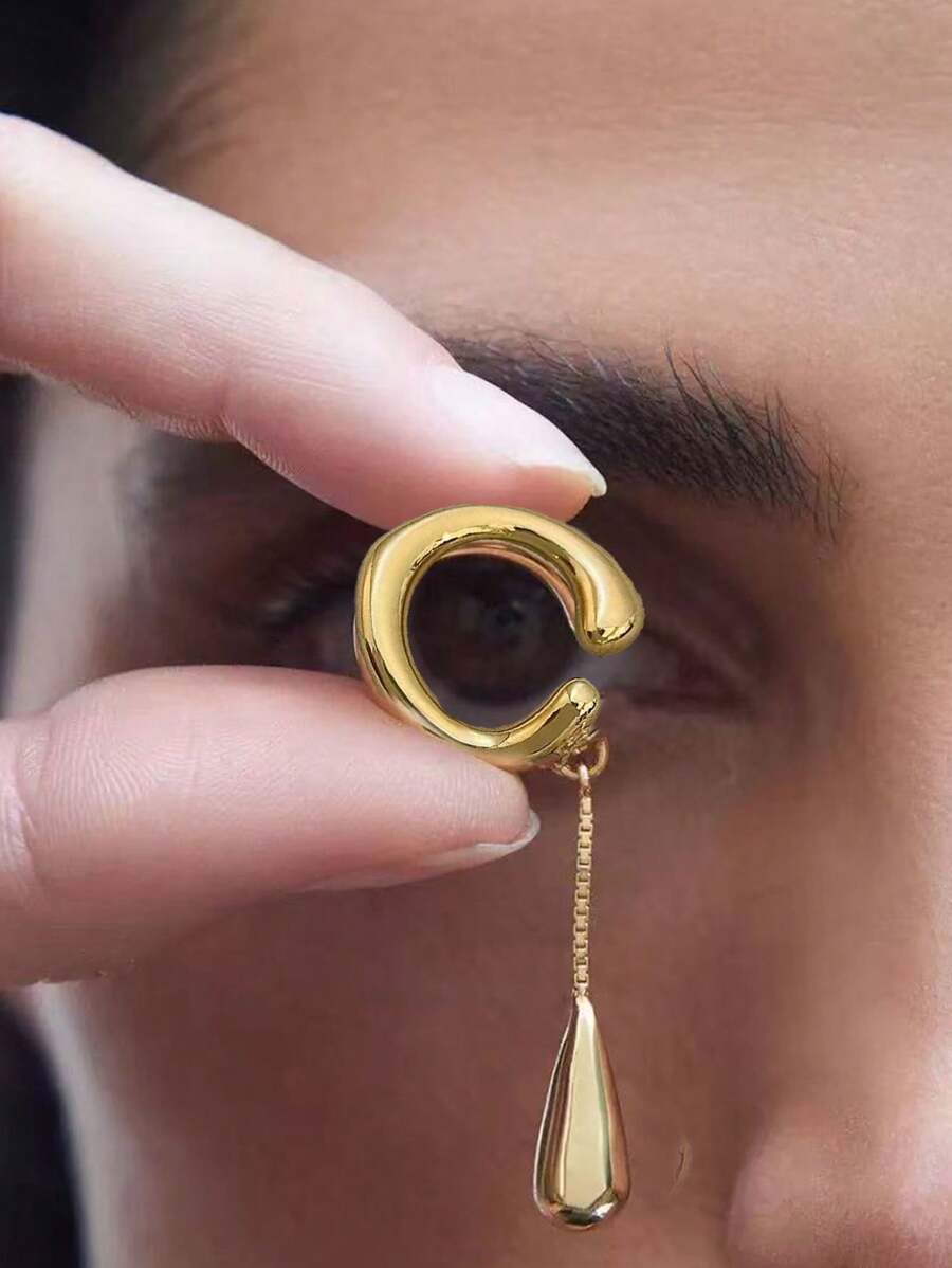 1PC Minimalist Fashion C-Shaped Metal Teardrop Tassel Ear Cuff Clip Earrings For Women Girls Fake Cartilage Non-Piercing Jewelry Gifts - 1pc Gold - View 1