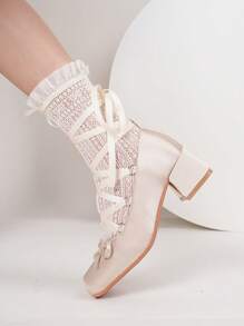 缎带蝴蝶结芭蕾平底鞋，方头，中跟，法式少女风格 - 杏色 - 查看 2