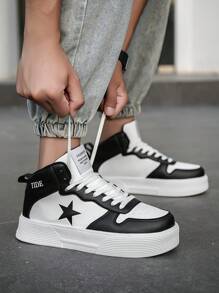 Men's Black & White Comfortable Thick Sole Shock-Absorbing High-Top Street-Style Casual Sports Shoes, Personalized Star Print Leather Upper Splicing High-End Minimalist Outdoor Non-Slip Flat Shoes