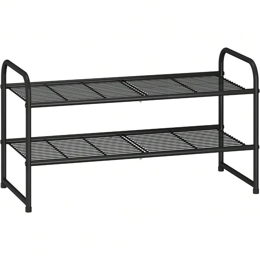 Simple Trending 3 Tier Stackable Shoe Rack, Expandable Adjustable Shoe Shelf Storage Organizer, Wire Grid, Black