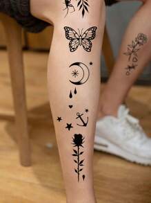 1 pièce de tatouage temporaire mixte pour femmes, autocollant d'art corporel imperméable, avec des motifs réalistes et sexy de fleurs, papillons, étoiles, lune, feuilles, etc.