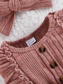Conjunto de verão para bebê menina com body sem mangas com laço de renda, faixa de cabelo e meias. - Rosa Empoeirado - Ver 4