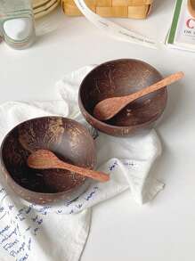 天然椰子碗配椰木勺，家用酸奶碗，沙拉碗，甜点碗，餐厅装饰碗，水果碗 - 彩色 - 查看 1