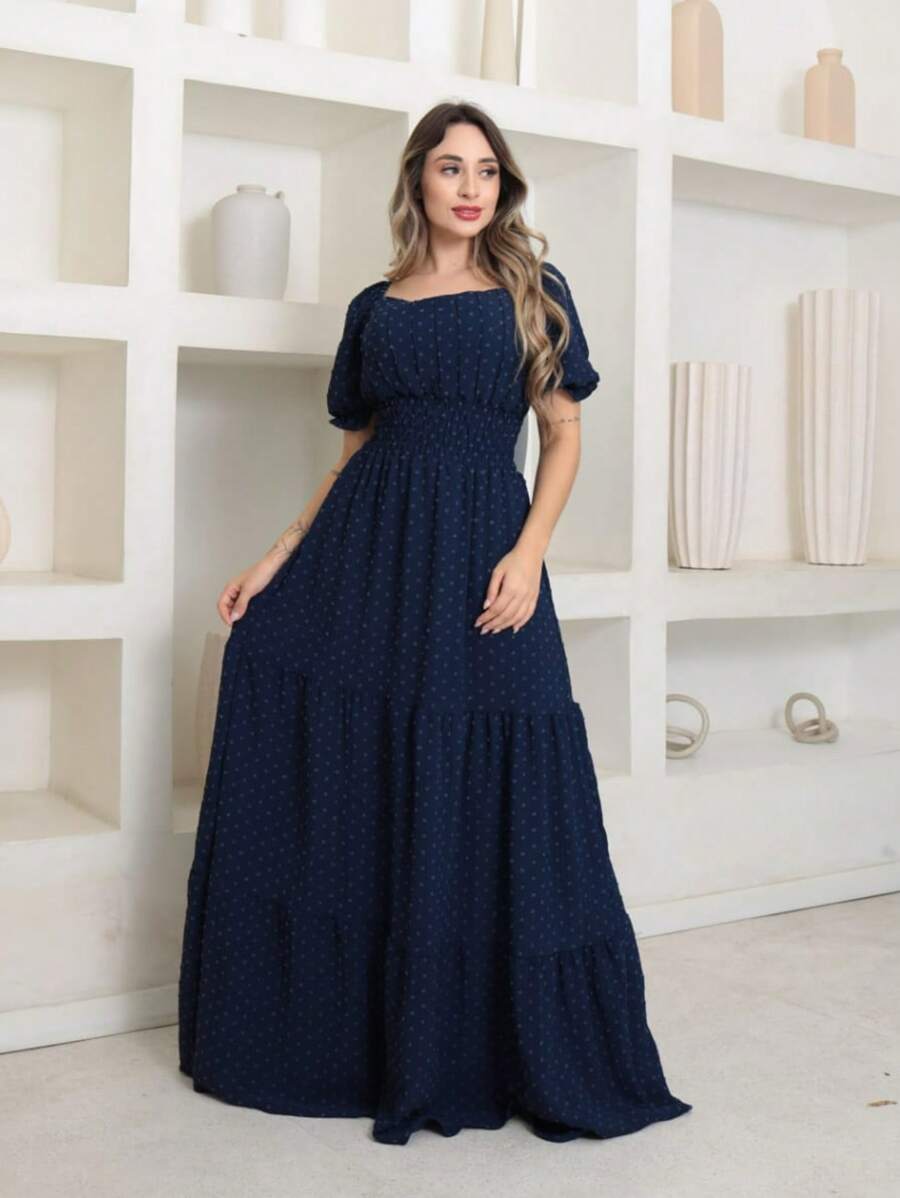 Vitoria Luxury Long Dress Duna Popcorn Short Sleeve Off Shoulder - 藏蓝色 - 查看 1