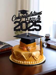 1 件黑色闪光“祝贺 2025 届毕业生”毕业帽蛋糕装饰，适用于毕业派对，装饰庆祝 2025 届毕业生 - 黑色 - 查看 5