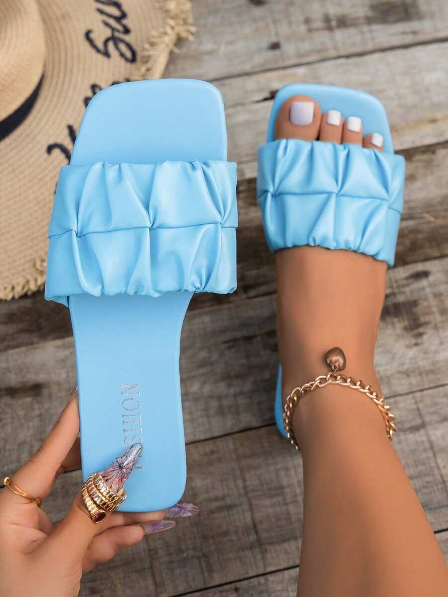 Women's Simple Solid Color Flat Sandals With Pleated Strap, Faux Pearl And Flower Transparent Strap Elements, Versatile For Spring And Summer