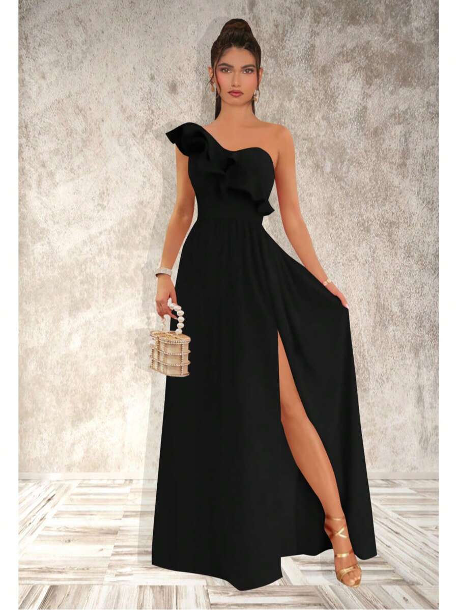 Vestido Largo Con Escote Asimétrico Y Abertura En Pierna Modelo Suva 2 Marca Maria Bela - Negro - Ver 1