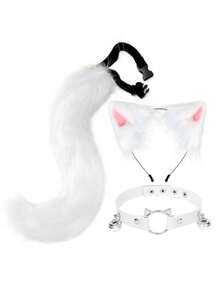 Hand Made Imitation Cat Ear Hair Hoop Fox Tail Accessorize Second Element Animal Ear Animal Tail Set Collar Hair Clip - 白色 - 查看 1