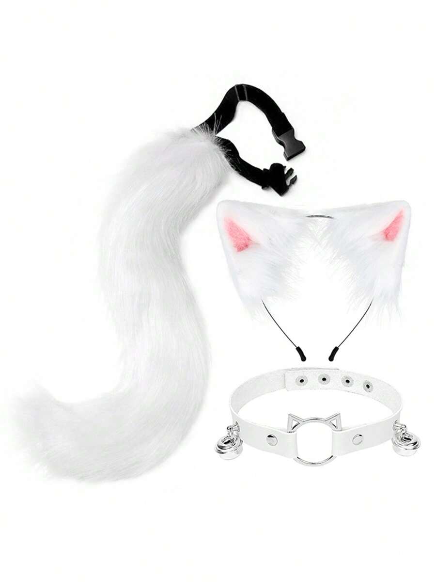 Hand Made Imitation Cat Ear Hair Hoop Fox Tail Accessorize Second Element Animal Ear Animal Tail Set Collar Hair Clip - 白色 - 查看 1