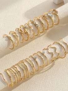 28pcs Minimalist Rhinestone Heart & Wave Rings, Gold Geometric Knuckle Rings Set [Size Noted, Closed Rings, Please Do Not Force Open]