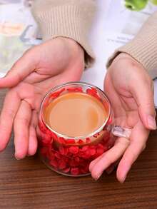 1pc Real Flower Double Layer Glass Cup, High-Quality Creative Home Coffee Mug With Handle, Gift - Multicolor - View 5