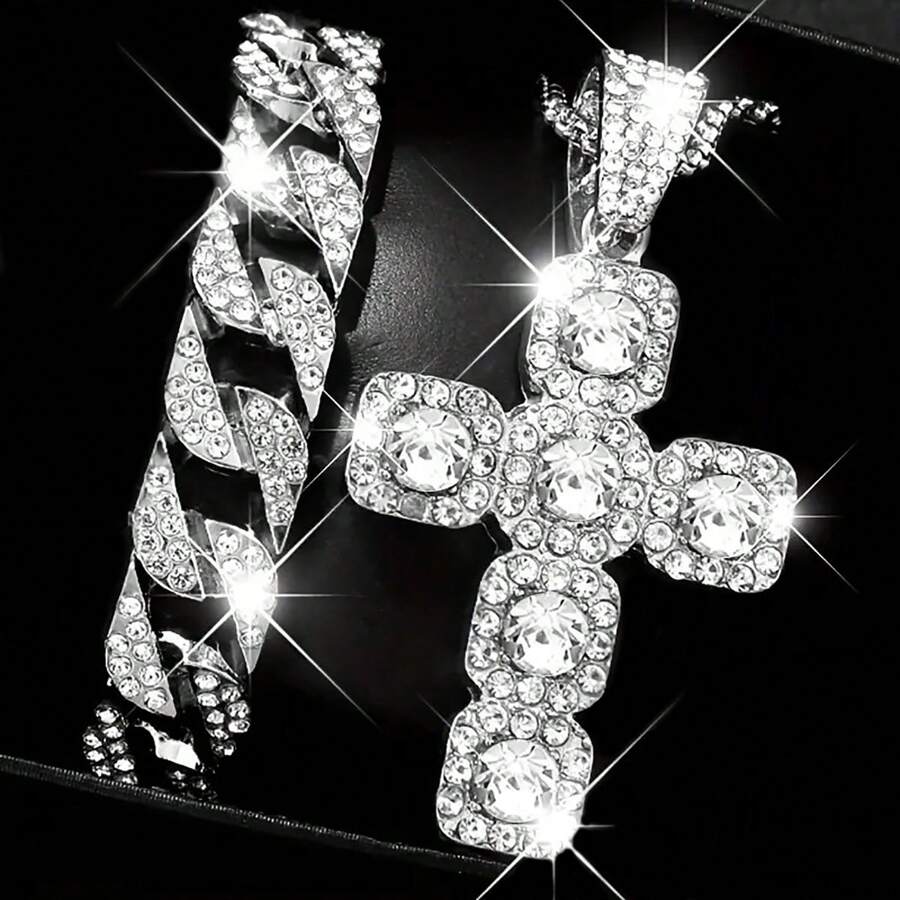 2 件奢华男士嘻哈首饰套装 - 不锈钢 3D 吊坠、方形链条项链和手链，配黑白 CZ 宝石 - 街头风格配饰，适合父亲节、情人节、复活节、生日、圣诞节礼物