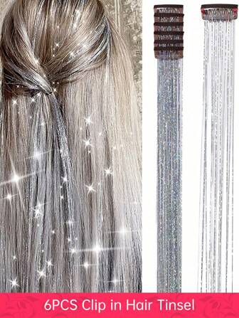 6PCS/PACK Hair Tinsel Kit Glitter Hair Tinsel Clip In Sparkling Shiny Fairy Hair Tinsel Hair Extensions For Halloween Christmas Party 22 Inch Silver