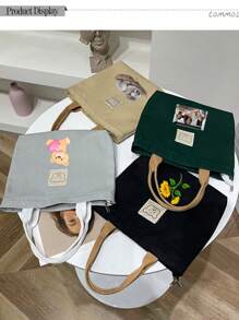 Aangepaste grafische student all-match tote bag, nieuwe canvas handtas, canvas tote bag-ontwerp voor dames, schattige tas met berenlogo